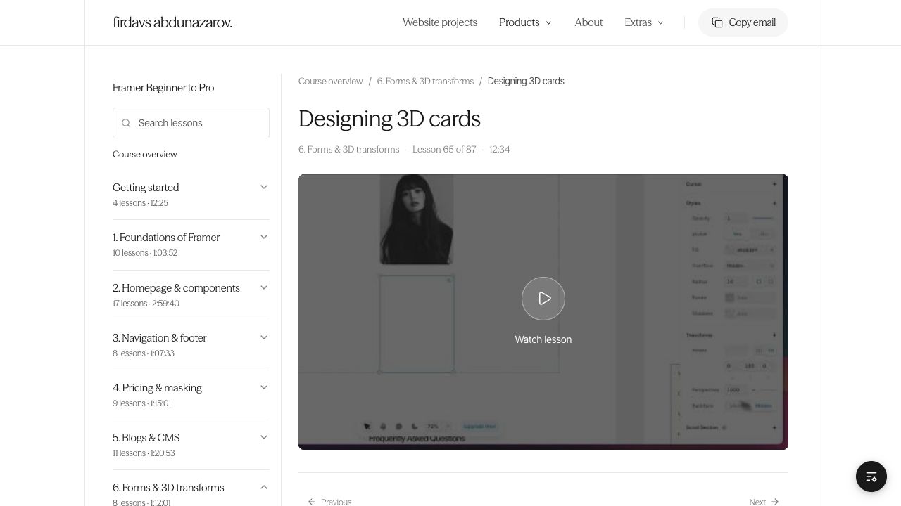 Framer Beginner to Pro platform showing the lesson list and Designing 3D cards video